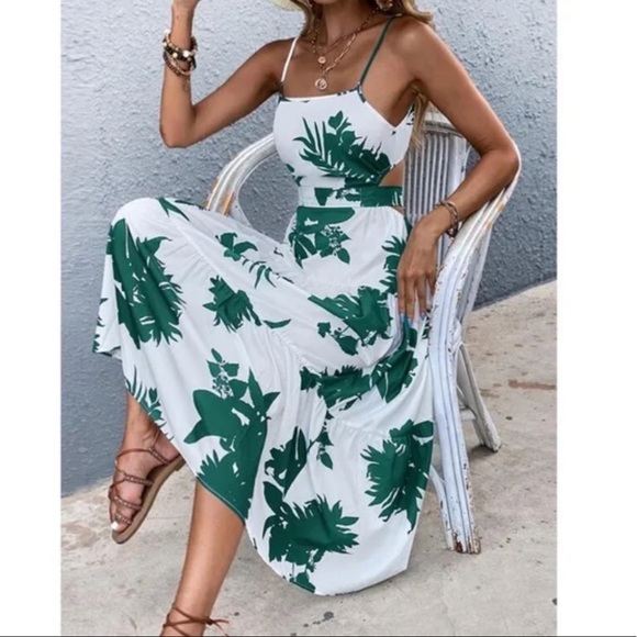 Boho Blue Floral Tropical Leaves Cut out Cami Ruffle Dress - Picture 9 of 12